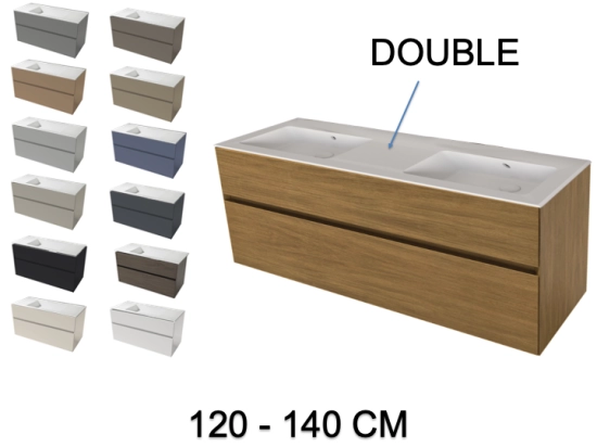 Meuble avec vasque Solid-Surface, finition bois ou couleurs, deux tiroirs à onglet, Largeur 120 et 140 cm, P. 45 cm, Hauteur 56 cm, Stock disponible, LIVRAISON OFFERTE